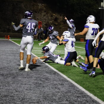 A football player thrusts the ball over into the in-zone while on the ground as his teammates raise their arms in celebration.