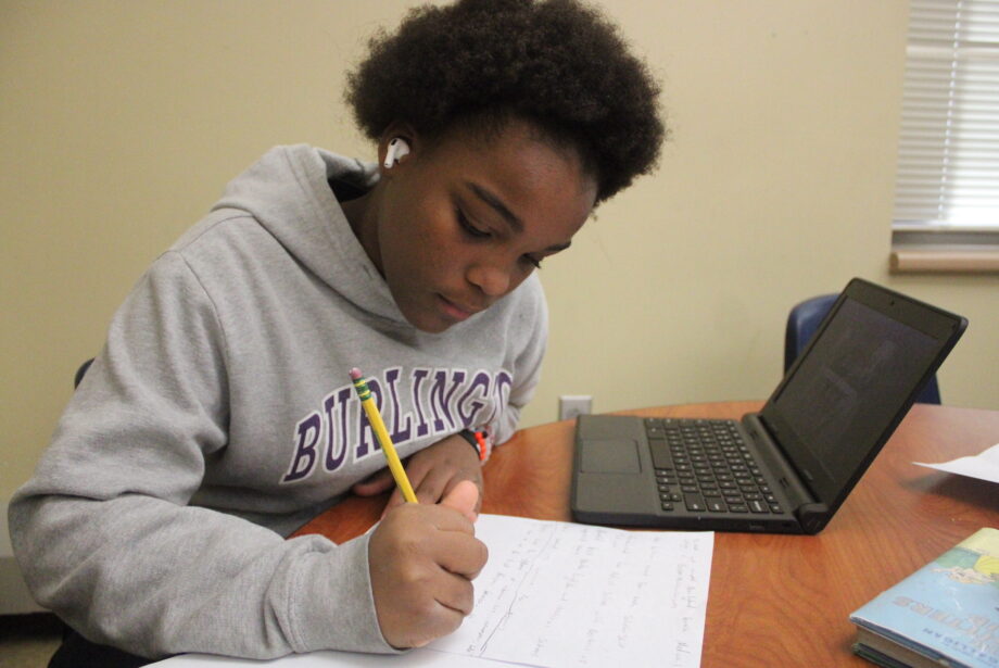 Jayelle Robinson does research on Mary Mahoney Feb. 13, 2023, during Amber Dains’ social studies class at Aldo Leopold Intermediate School. Robinson was looking for information to include on a college diploma she was creating for Mahoney as part of her class’s exhibit for the school’s Black History Museum.