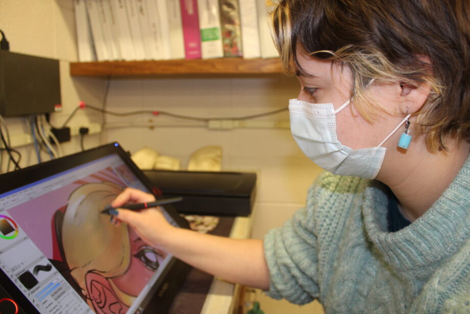 Sophomore Norah Bell, 15, works on a project using one of eight XP Pen monitors now available to art students Friday, Jan. 27, 2023, in Anthony Onesto's classroom at Burlington High School.