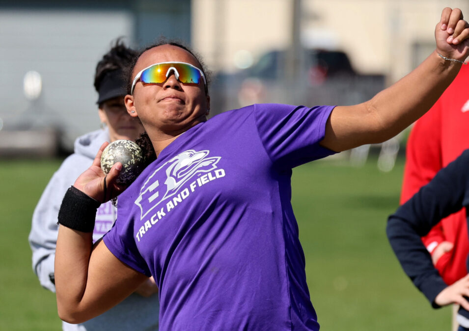 Burlington High School's Kylee Hill competes in the girls shop put during the Burlington High School 2024 Grayhound co-ed invite, Saturday, April 13, 2024 at Burlington's Jimmie E. Howard Track.