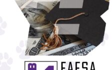 A graphic reads Feb 4 FAFSA Night beneath a clipping mask of money and a graduation cap in the shape of a B.